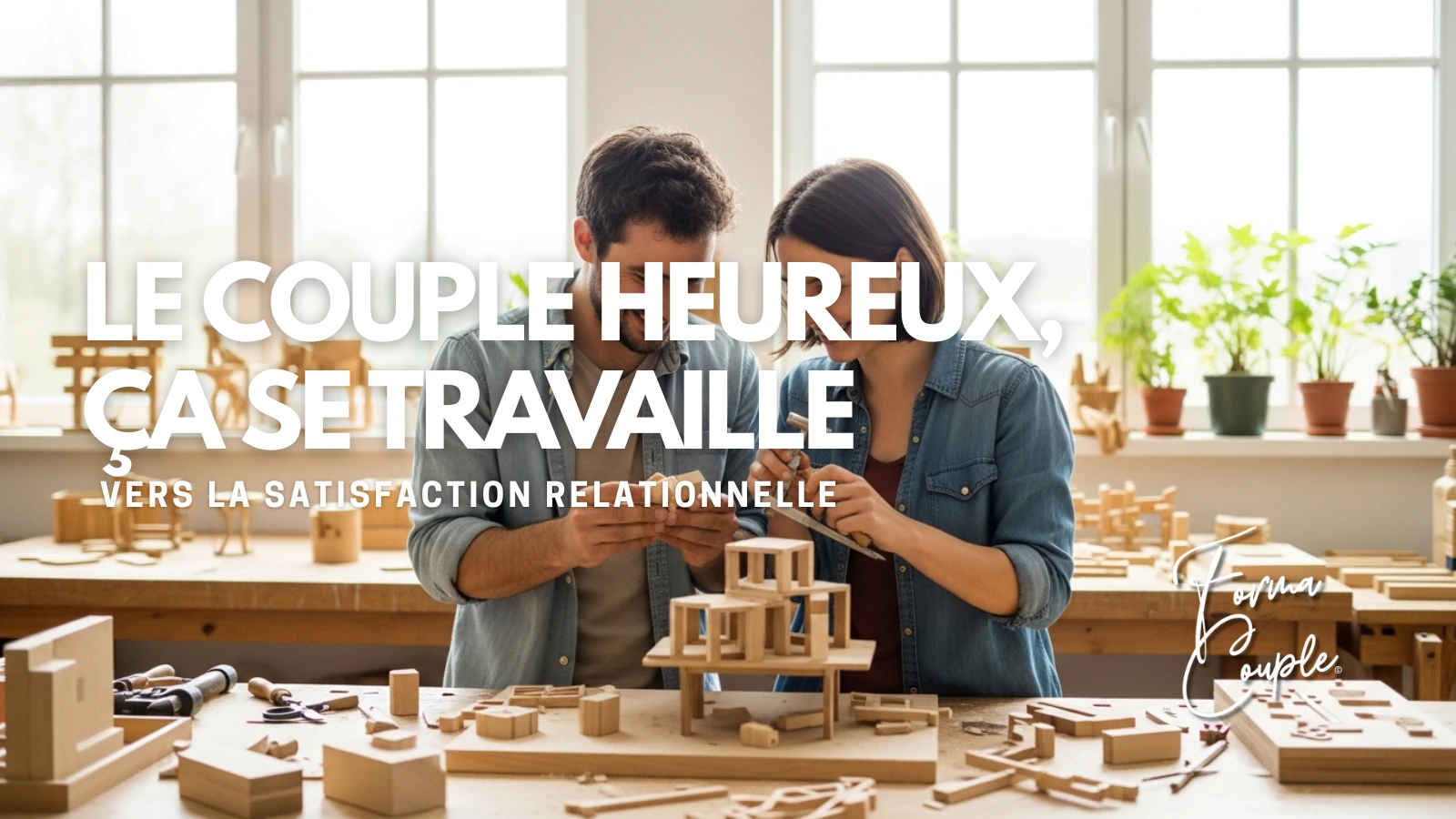 Un couple travaille main dans la main à la construction d'une structure délicate en bois, illustrant le concept de la construction d'une relation heureuse par l'effort commun.