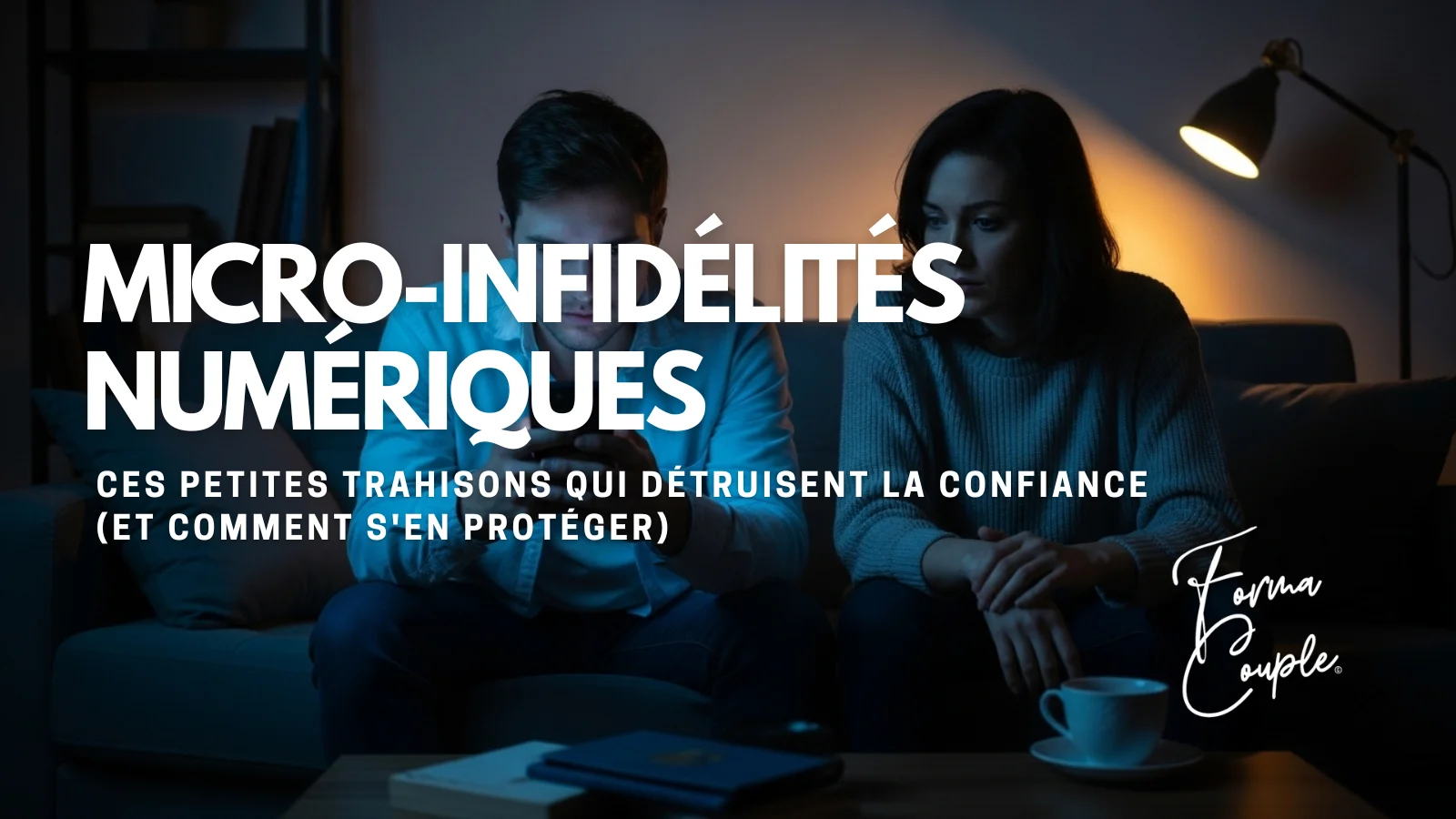 Illustration du concept de micro-infidélité numérique montrant une main tenant un smartphone avec des notifications de réseaux sociaux, tandis qu'un partenaire se sent délaissé en arrière-plan.