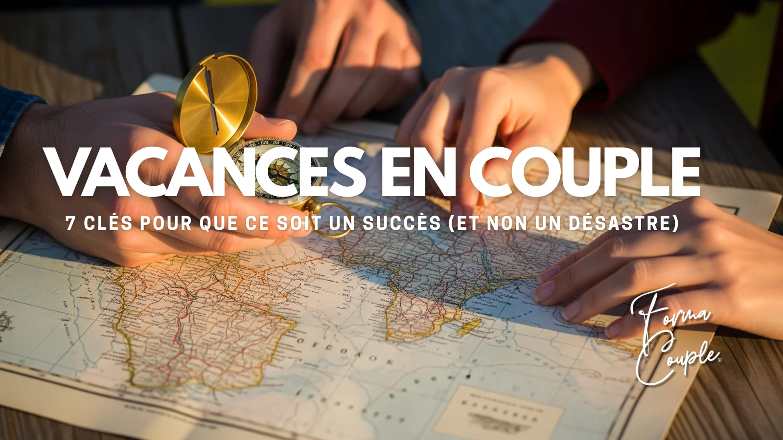 Gros plan sur les mains d'un couple collaborant sur une carte de voyage, illustrant l'importance de la planification partagée pour des vacances réussies.