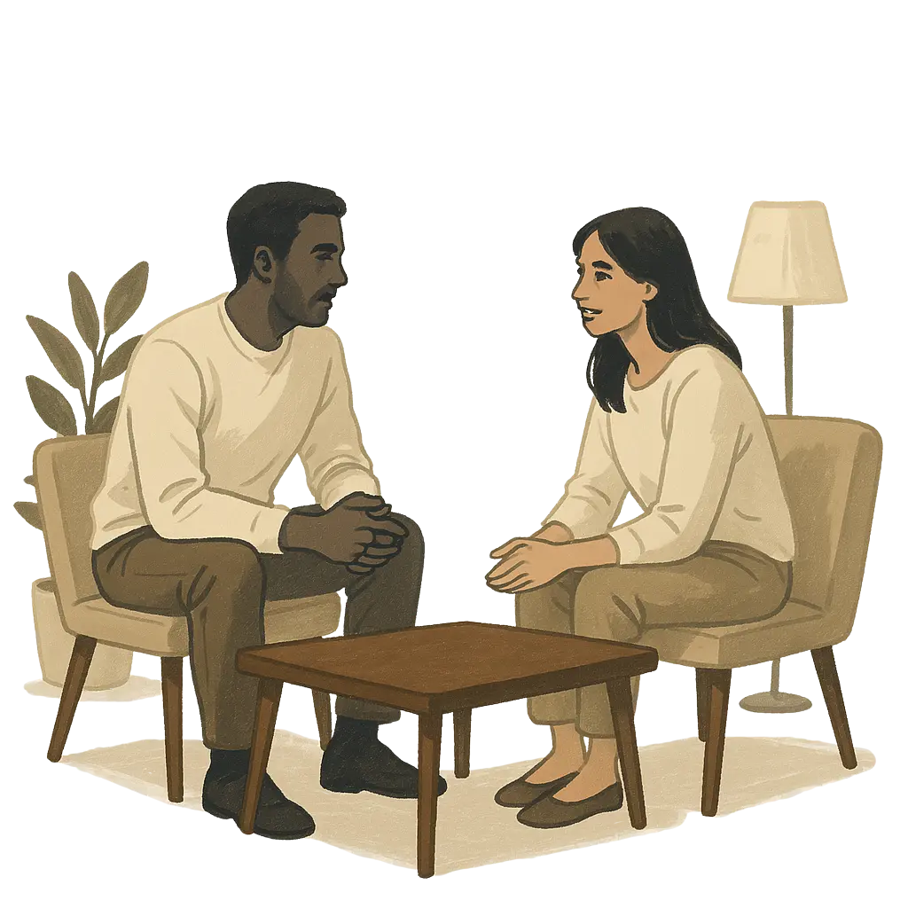 Un homme et une femme assis face à face, engagés dans une conversation attentive et posée.