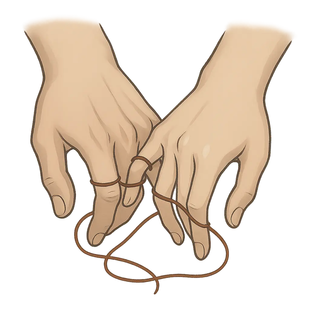 Deux mains dont les doigts sont reliés par un fil, illustrant le lien délicat et solide de la confiance et de l'engagement mutuel.