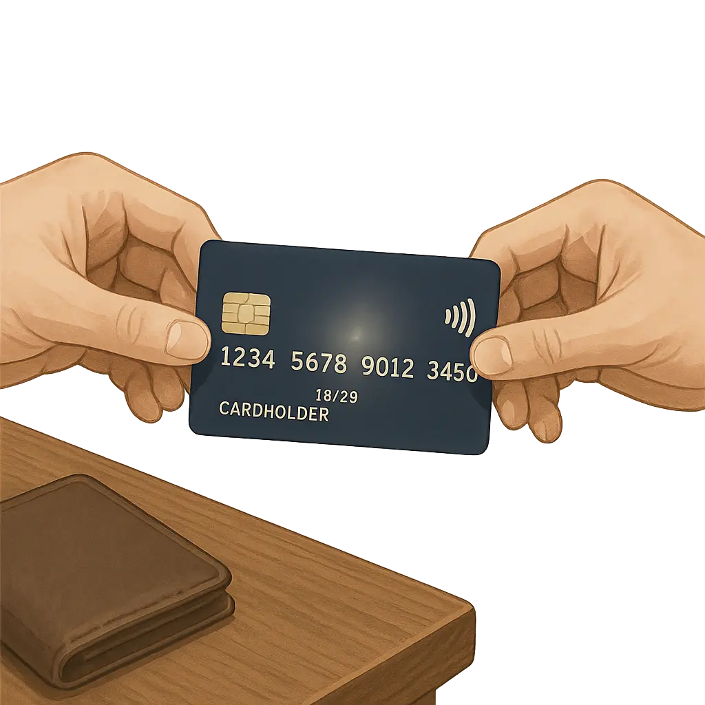 Deux mains se passant une carte de crédit, illustrant la gestion et le partage des responsabilités financières.