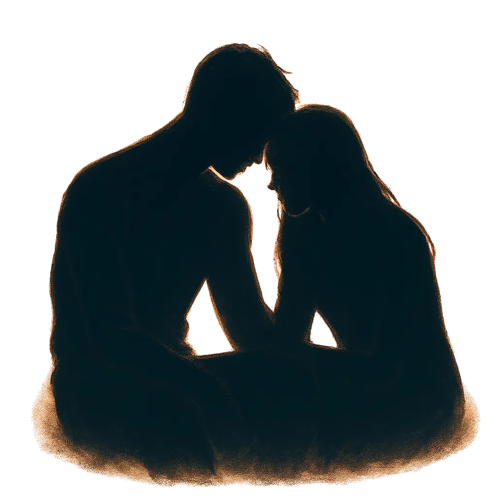 Silhouette d'un couple en désaccord, entourée d'une lueur apaisante suggérant la résolution et la compréhension.