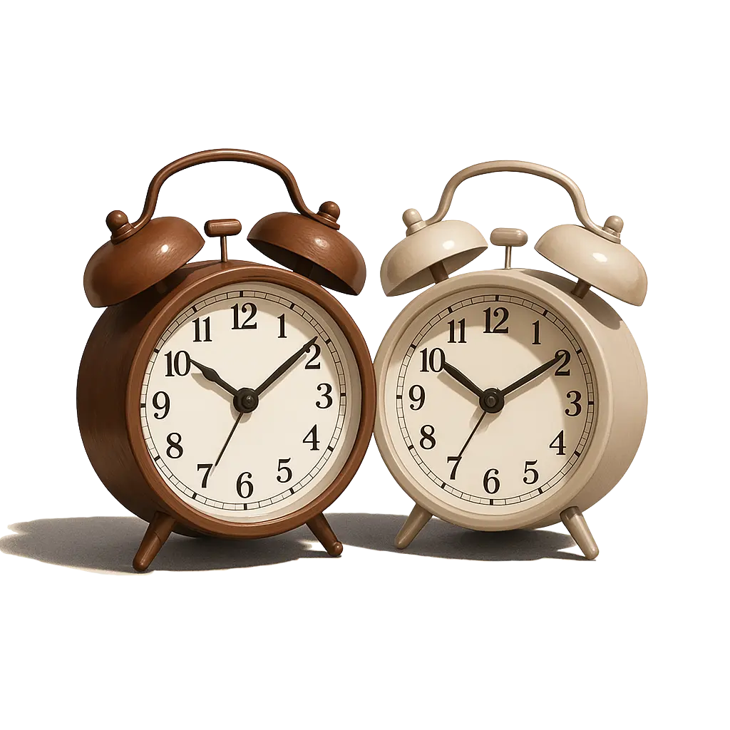 Deux réveils côte à côte, symbolisant l'alignement des rythmes et des habitudes de vie du quotidien.