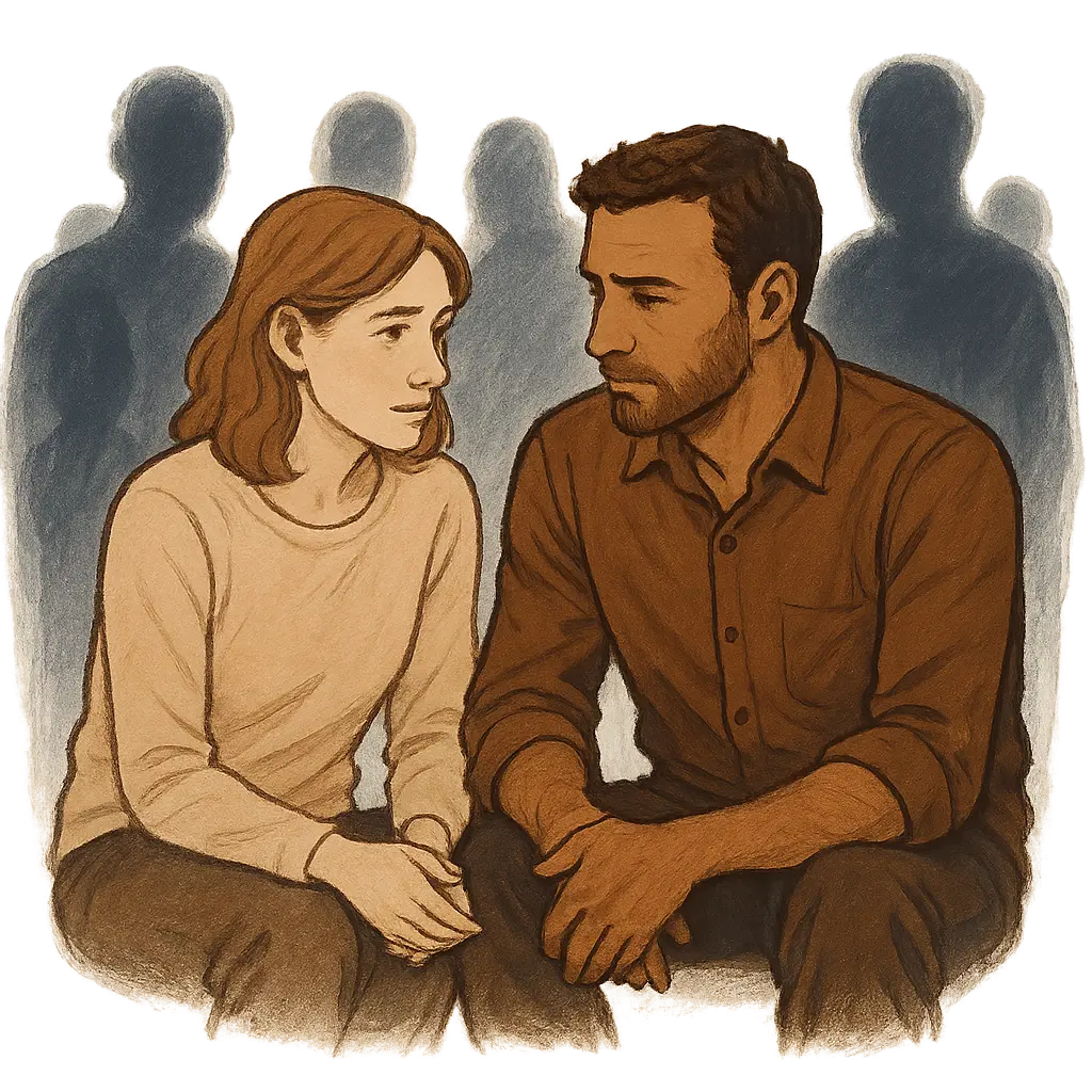 Un couple uni au premier plan, avec des silhouettes d'autres personnes en arrière-plan, représentant la protection du couple face aux influences extérieures.