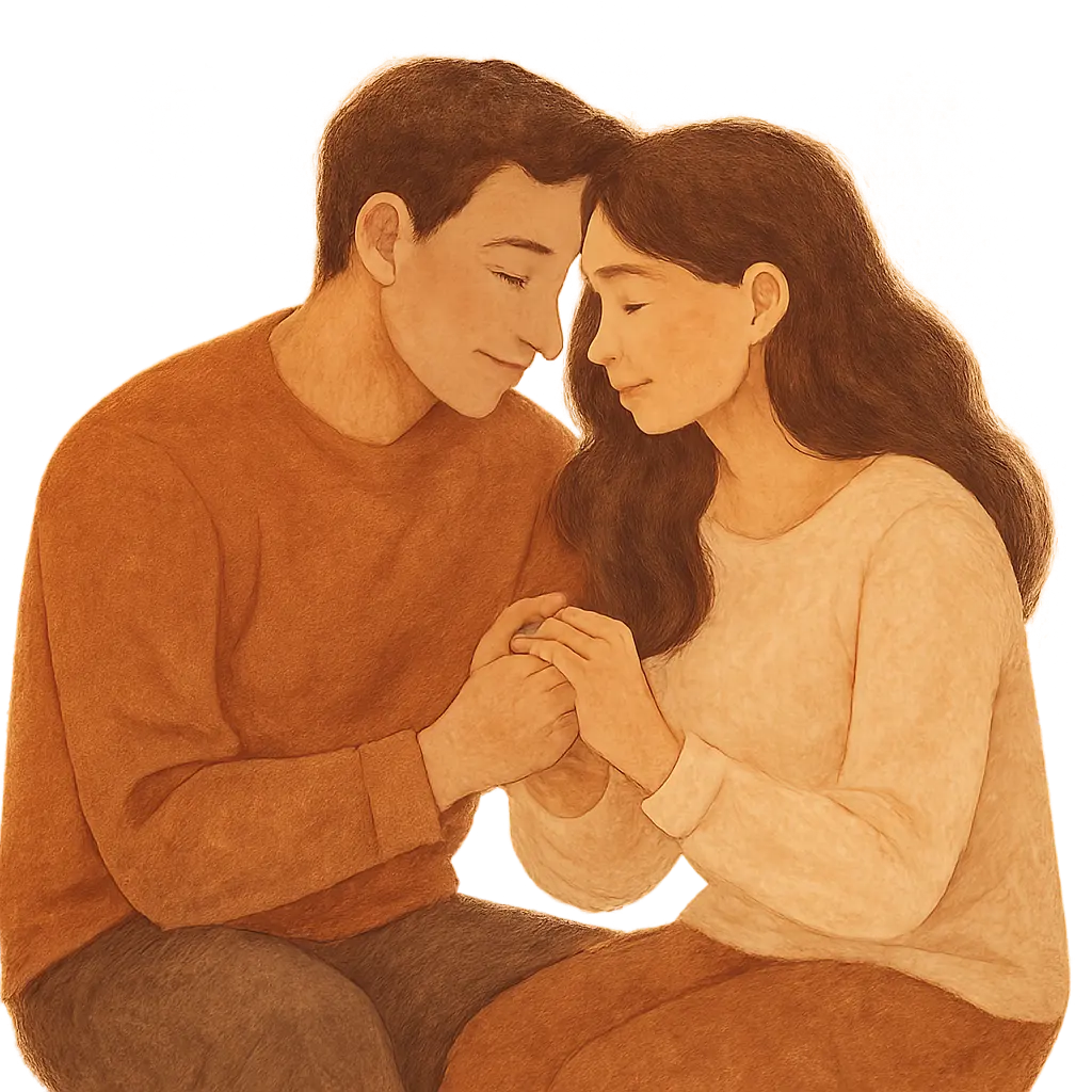 Un couple s'enlaçant tendrement, front contre front, dans un moment de connexion émotionnelle profonde.