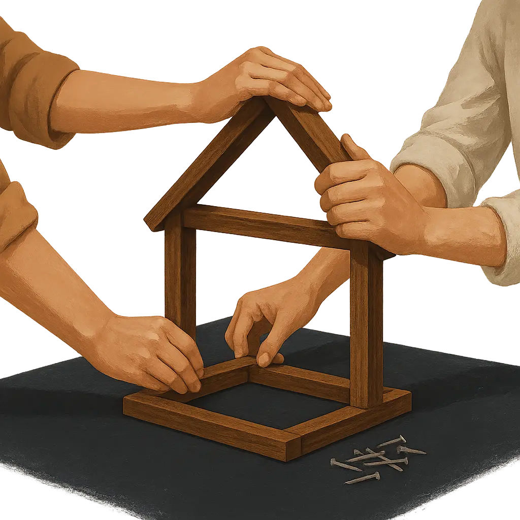 Les mains d'un couple collaborant pour construire la structure d'une maison, représentant un partenariat solide et équilibré.