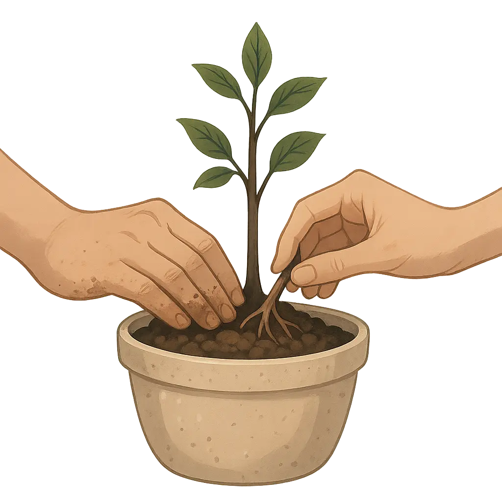 Deux mains plantant avec soin une jeune pousse dans un pot, symbolisant la construction d'un avenir commun.