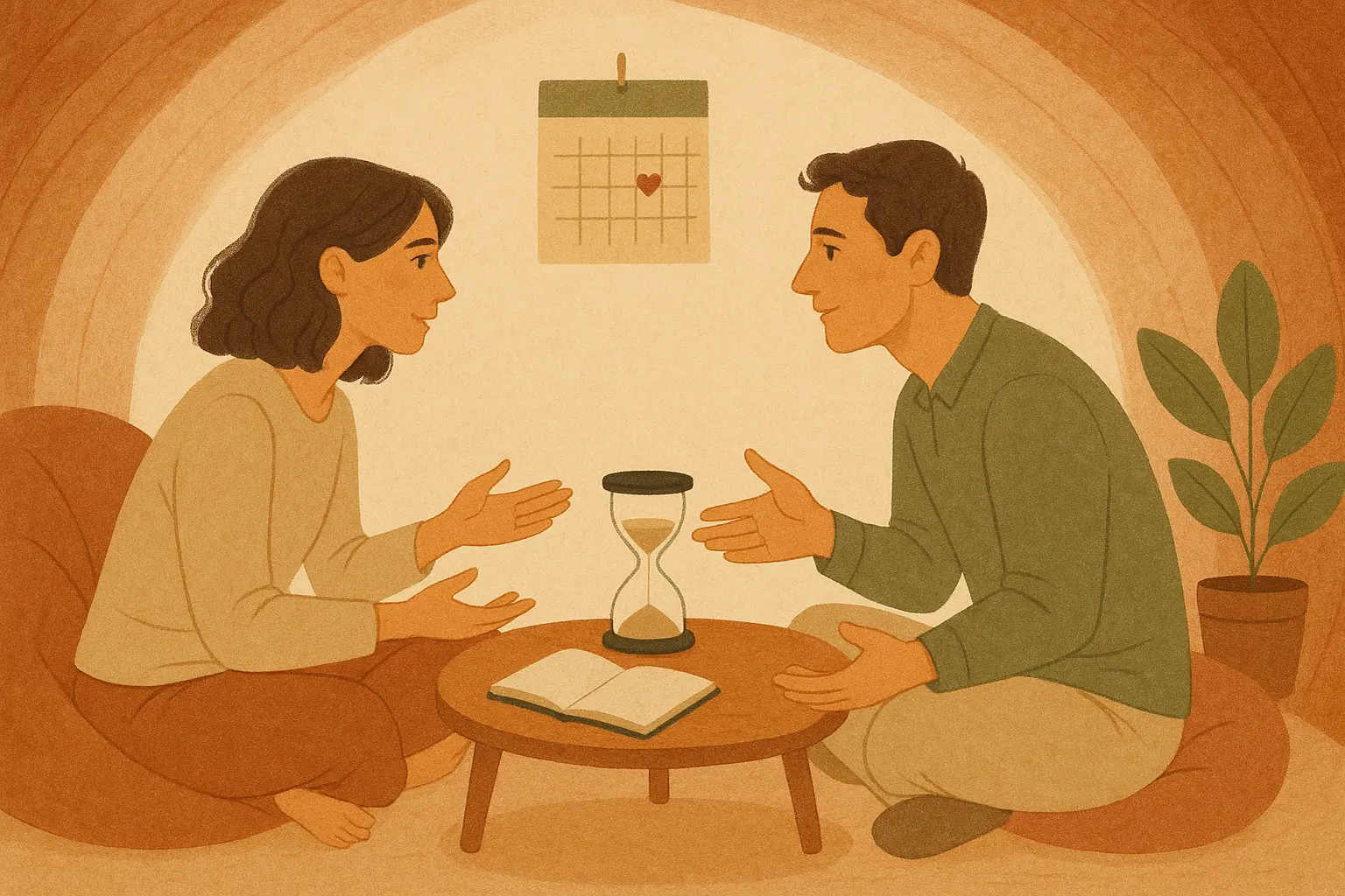 Un couple assis face à face dans un espace intime et protégé, symbolisant le temps dédié au rituel de connexion mensuelle.