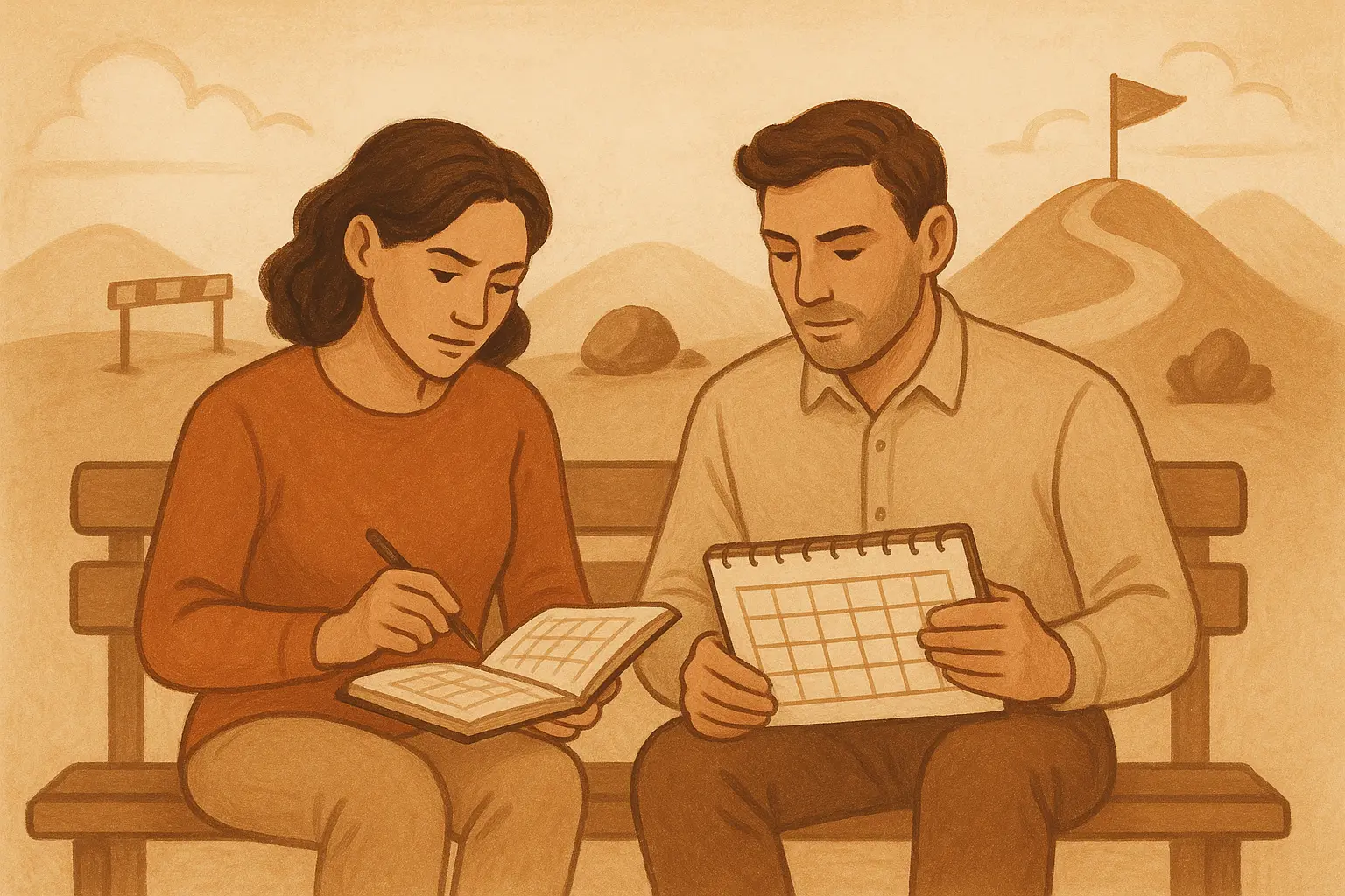 Un couple assis sur un banc planifiant sur un calendrier comment surmonter les obstacles sur leur chemin.