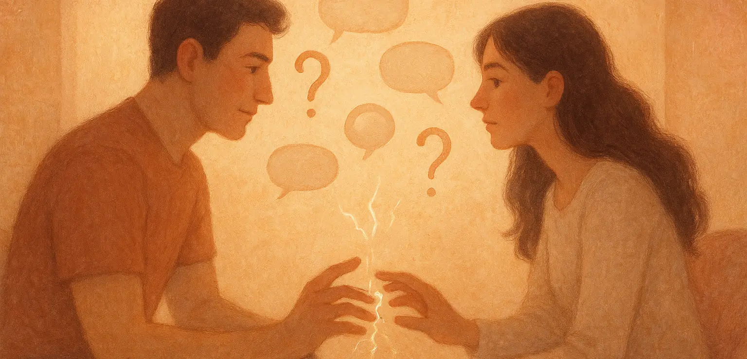 Un couple au centre d'une conversation intime, où des bulles de pensée symbolisent le partage de leurs mondes intérieurs.