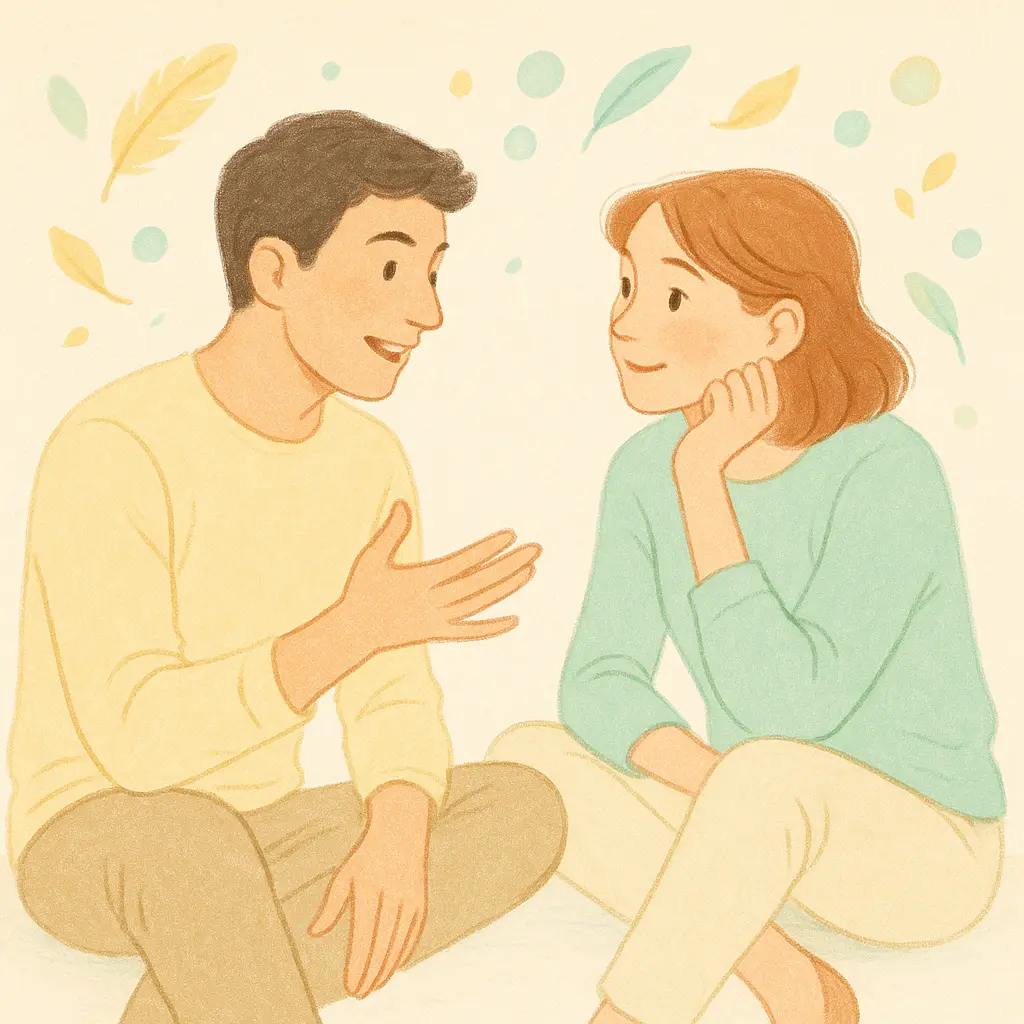 Un couple assis en tailleur, engagé dans une conversation légère et curieuse, représentant le premier niveau de découverte mutuelle.