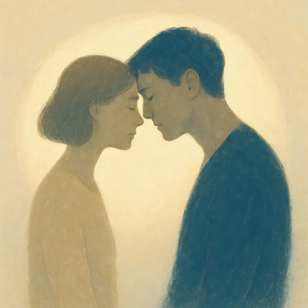 Deux silhouettes se faisant face, fronts touchant, illustrant un moment de fusion et d'intimité totale.