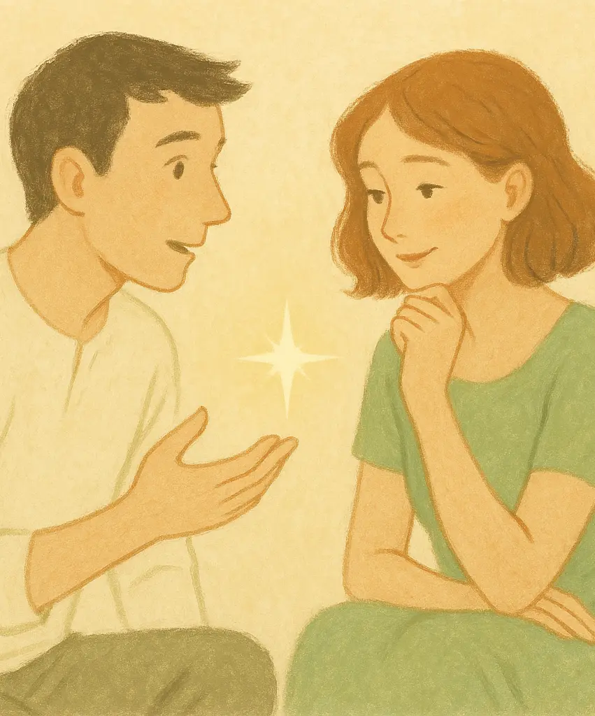 Un homme posant une question qui fait apparaître une étincelle de découverte chez sa partenaire.