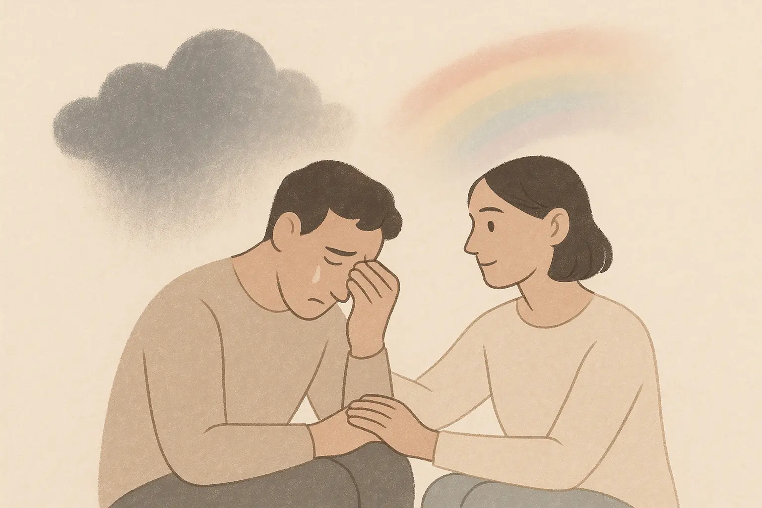 Une femme consolant son partenaire, avec un arc-en-ciel apparaissant derrière un nuage, symbolisant la transformation d'une épreuve en connexion.