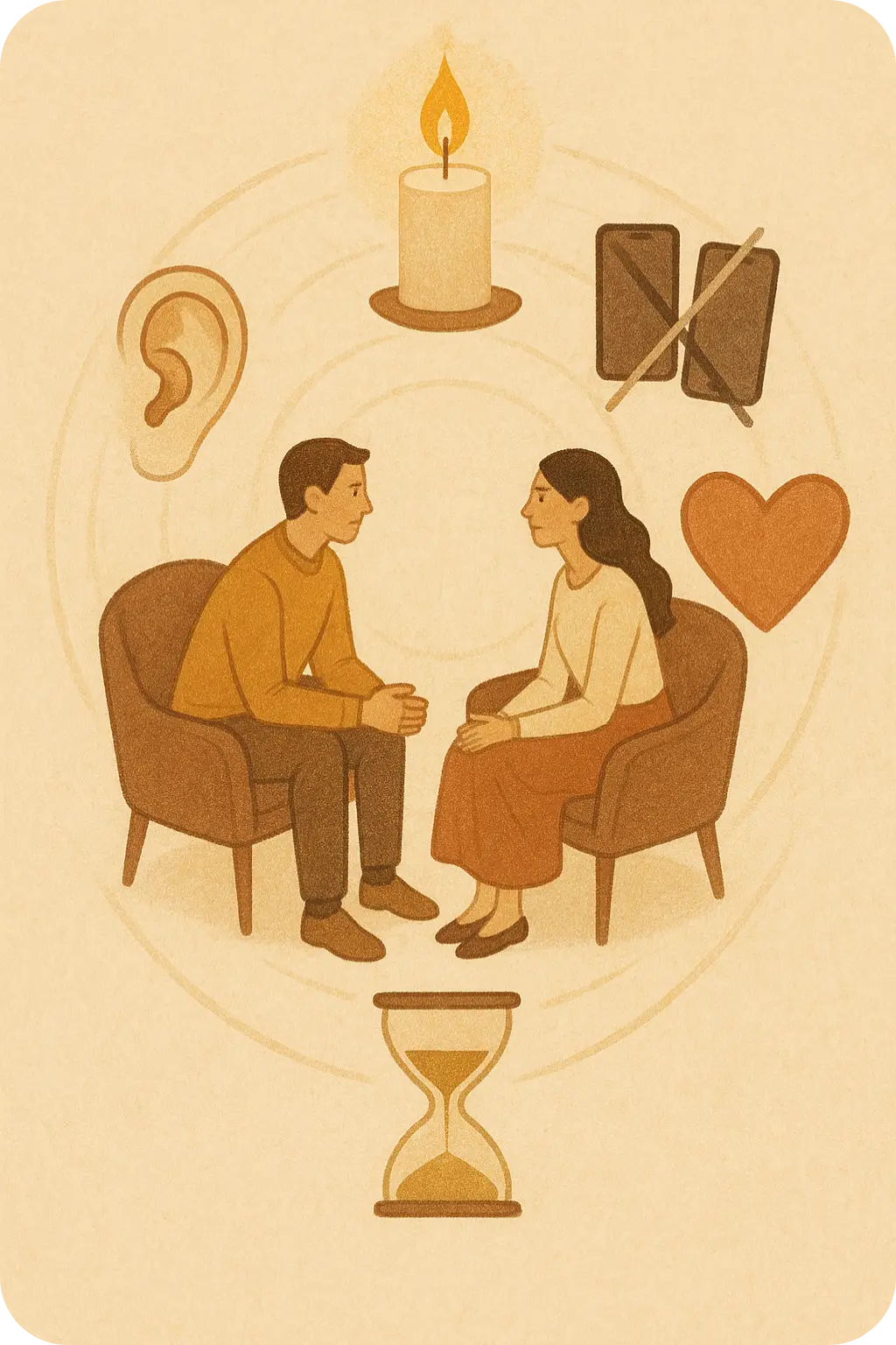 Une carte conceptuelle montrant les éléments d'un rituel d'intimité réussi : écoute, temps, sécurité et partage.