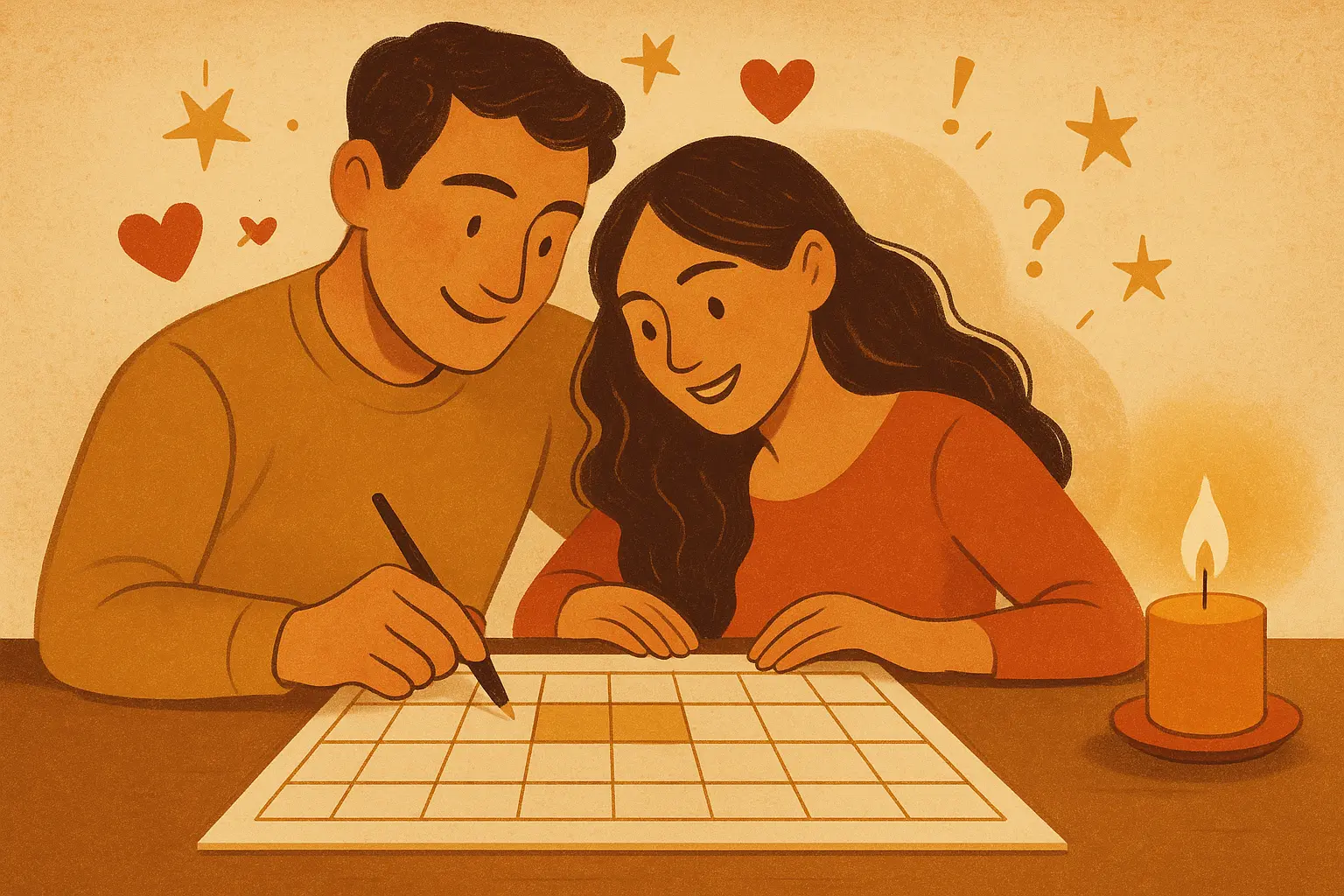 Un couple jouant à un jeu de société sur l'amour, transformant les défis en opportunités de connexion.