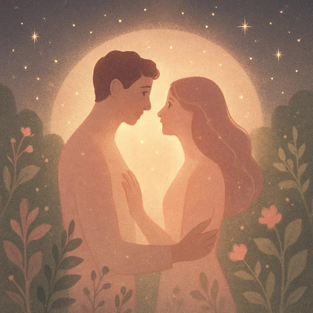 Un couple s'enlaçant tendrement dans un cadre idyllique sous une pleine lune, représentant la phase de passion et d'harmonie initiale.