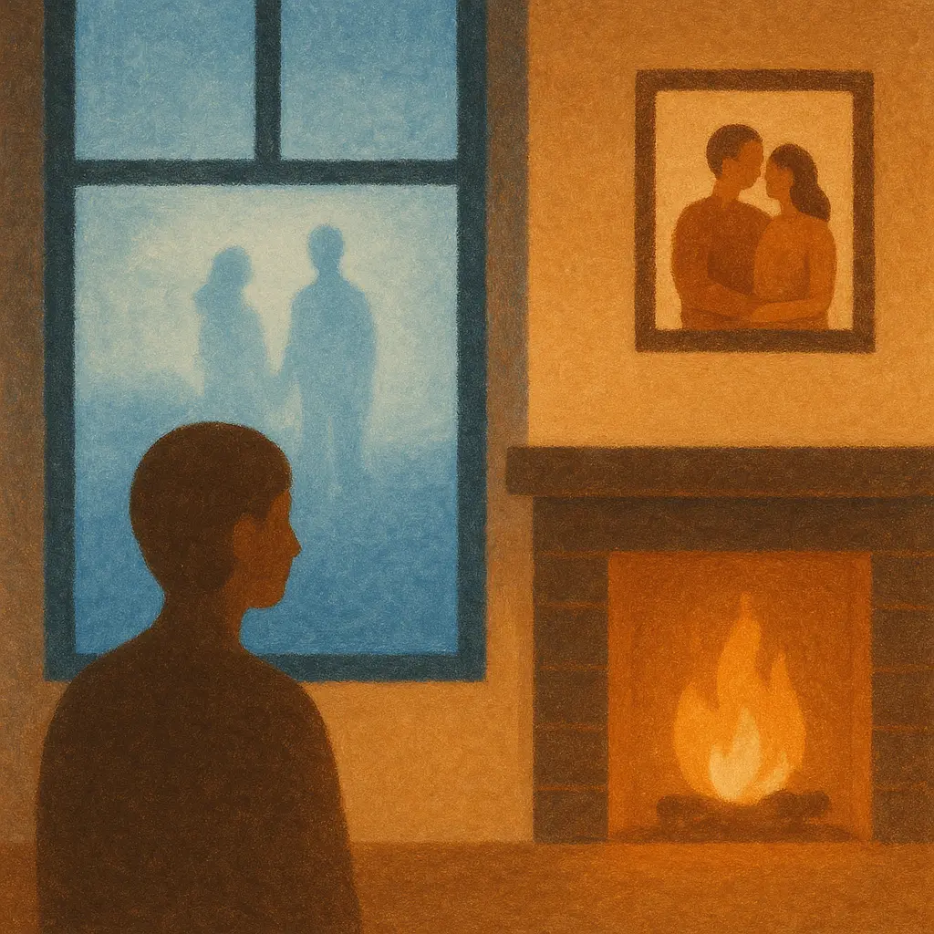 Une personne regardant par la fenêtre une silhouette de couple idéalisée, ignorant un foyer chaleureux derrière elle, illustrant le mythe du 'mieux ailleurs'.