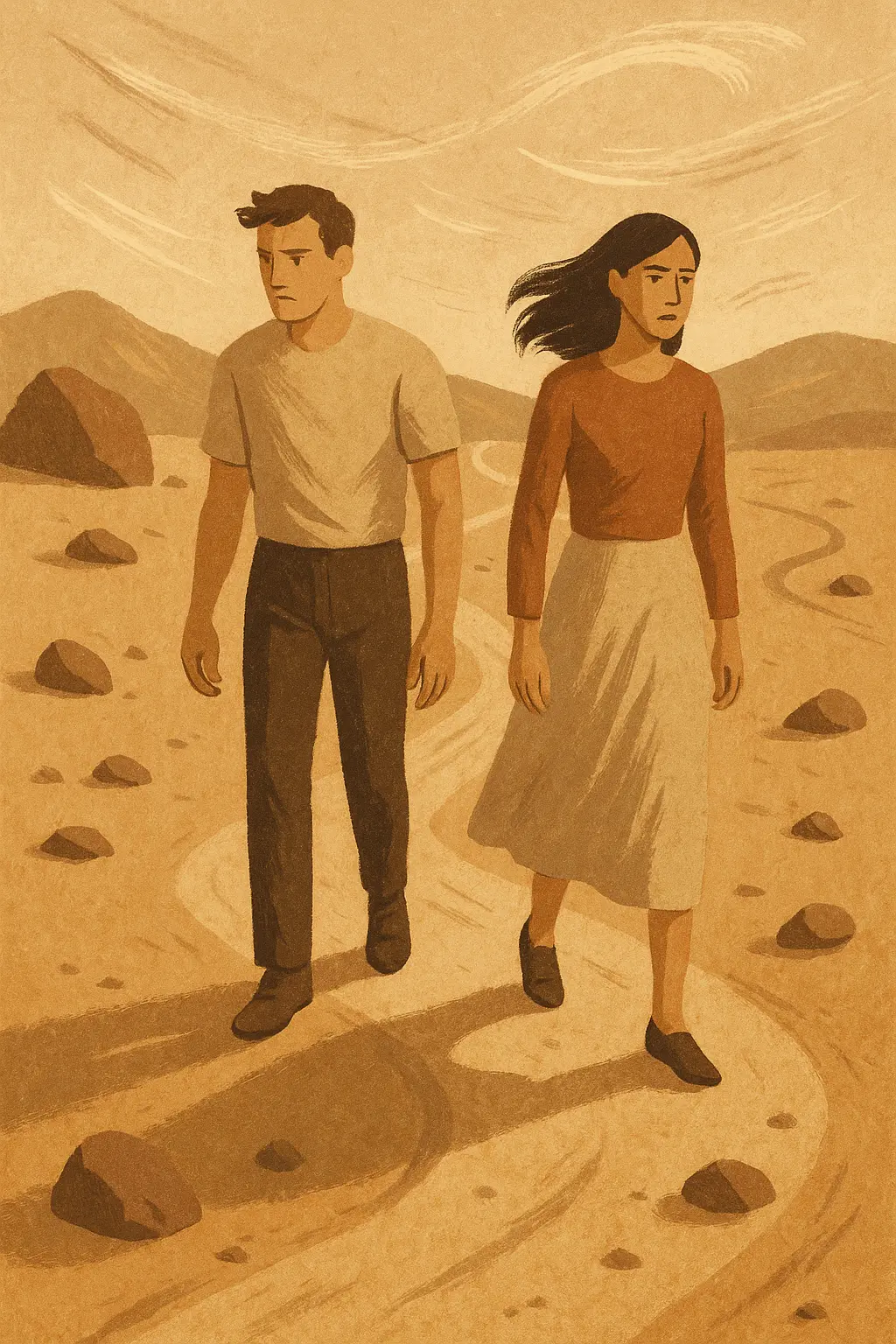Un couple marchant dans un paysage désertique et aride, symbolisant la phase difficile de la 'traversée du désert' relationnelle.