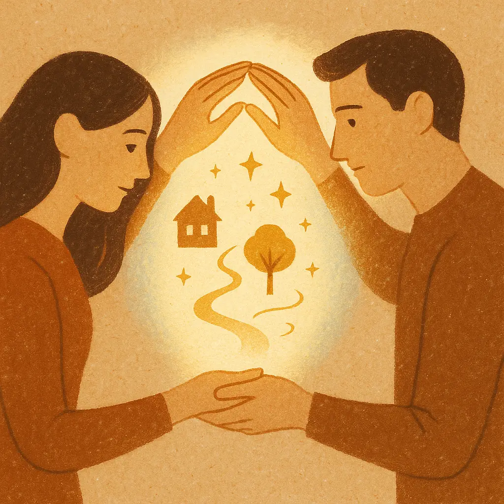Les mains d'un couple formant un cadre autour d'une vision lumineuse d'un foyer et d'un arbre, symbolisant la création d'une vision partagée.